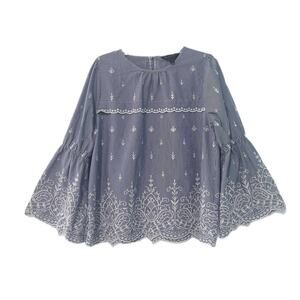 J Crew Women’s Bell Sleeve Embroidered Blouse In Striped Poplin Blue White Small